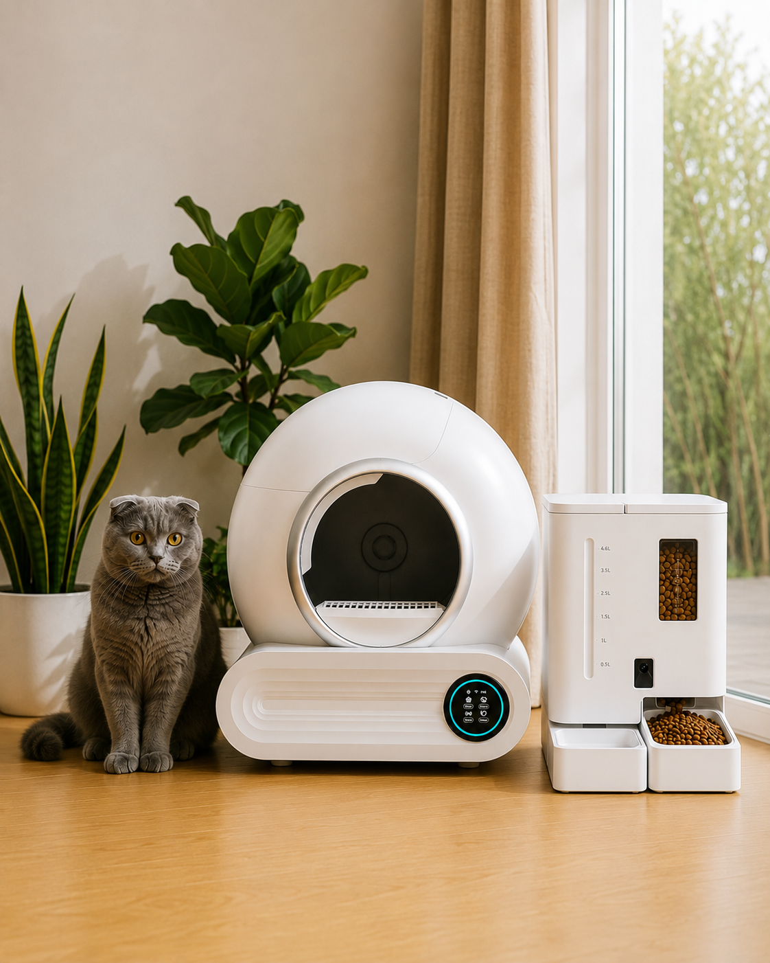 PetMaison Complete Care - Box + Duo — pack com caixa de areia automática e comedouro duplo